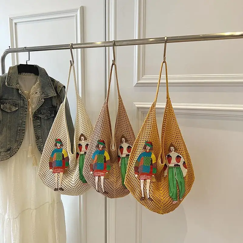 

Cartoon Hollow Mesh Knitted Shoulder Bag Large Capacity Tote Bag Beach Vacation Bag Korean Casual Lightweight Handbag