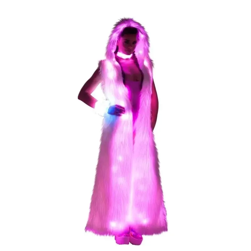 Adult Men Costume Carnival LED Faux Fur Vest Coat Women Luminous Nightclub Circus Costume Light Up Jacket Tron Dance Wear 2024