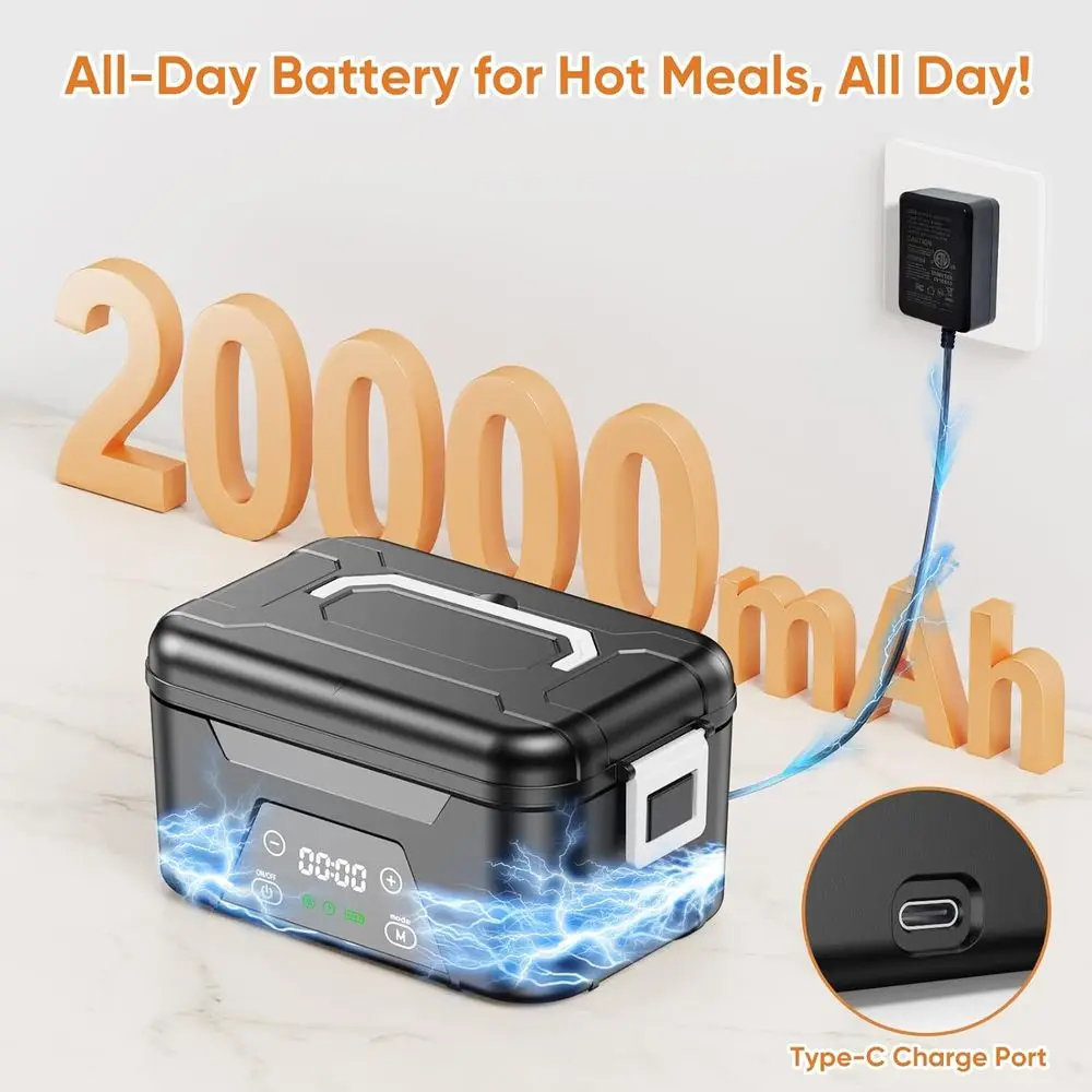 صندوق غداء كهربائي محمول قابل لإعادة الشحن سعة 6.3 أكواب للبالغين مع بطارية 20000 مللي أمبير في الساعة، وتسخين مخزن، ومجموعة أدوات، وعزل #3