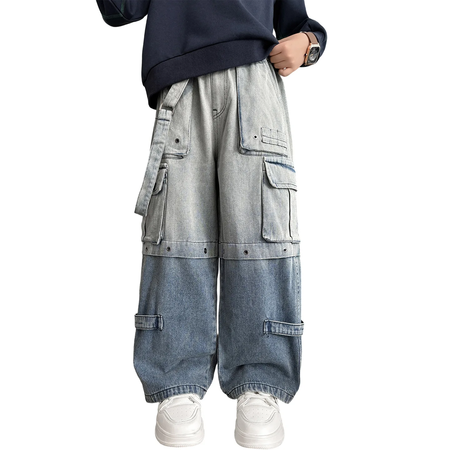 جينز غير رسمي للمراهقين مع جيب كبير للأطفال بنطال جينز فضفاض جديد للأطفال على الموضة ملابس جينز