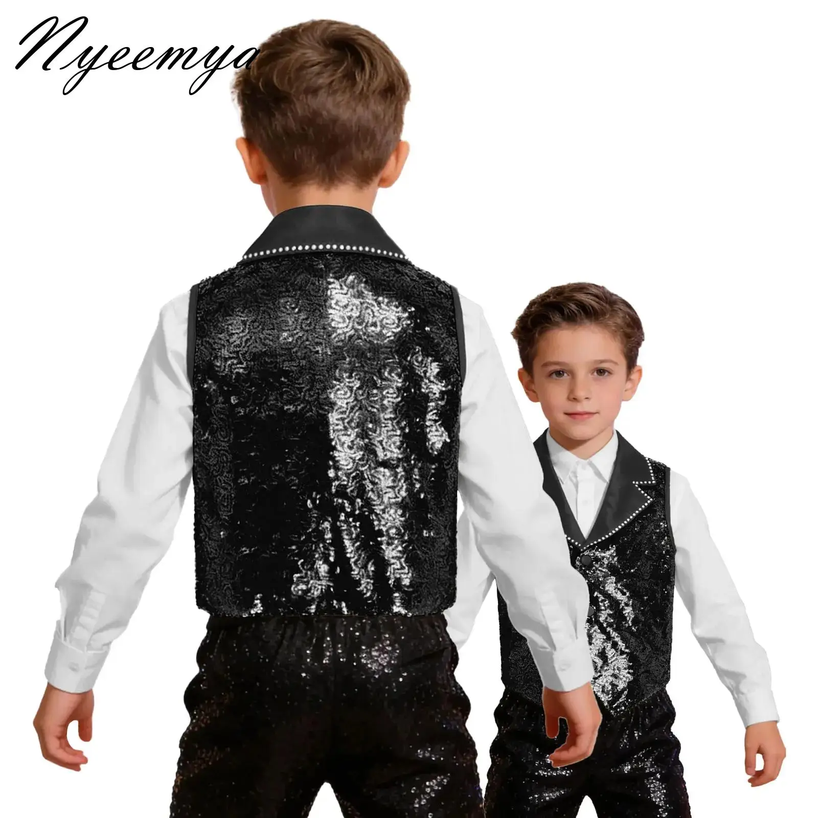 

Kids Boys Girls Sparkly Sequined Jazz Vest Tops Music Festival Stage Performance Costumes Choir Latin Dance Children's Waistcoat