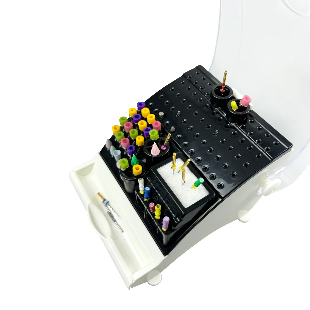 Pudełko na wiertła dentystyczne z plastiku z szufladą, wielofunkcyjny organizer do przechowywania i dezynfekcji w stomatologii.