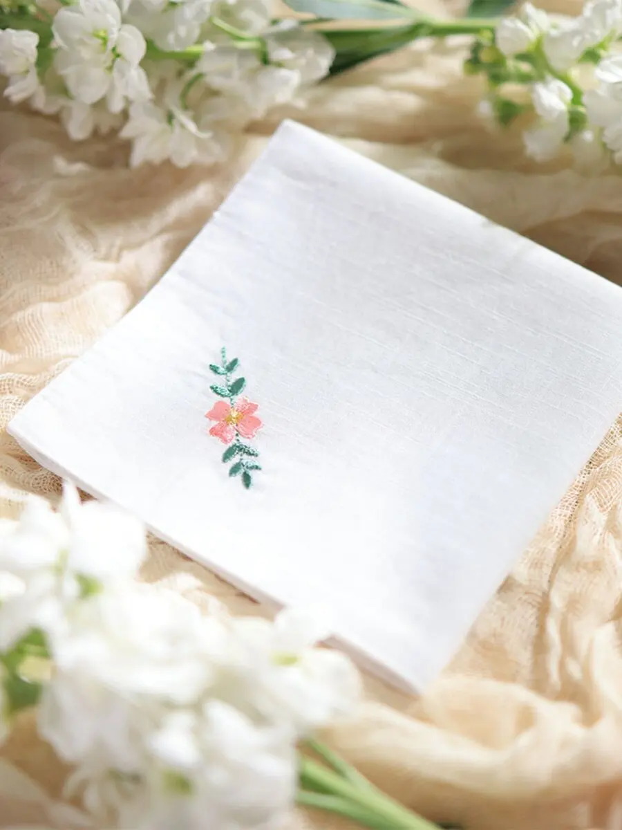 Chinese Style 100% Cotton Double Layer Embroidered Pink Flower Handkerchief Portable Breathable Hanky Traditional Hanfu Matching