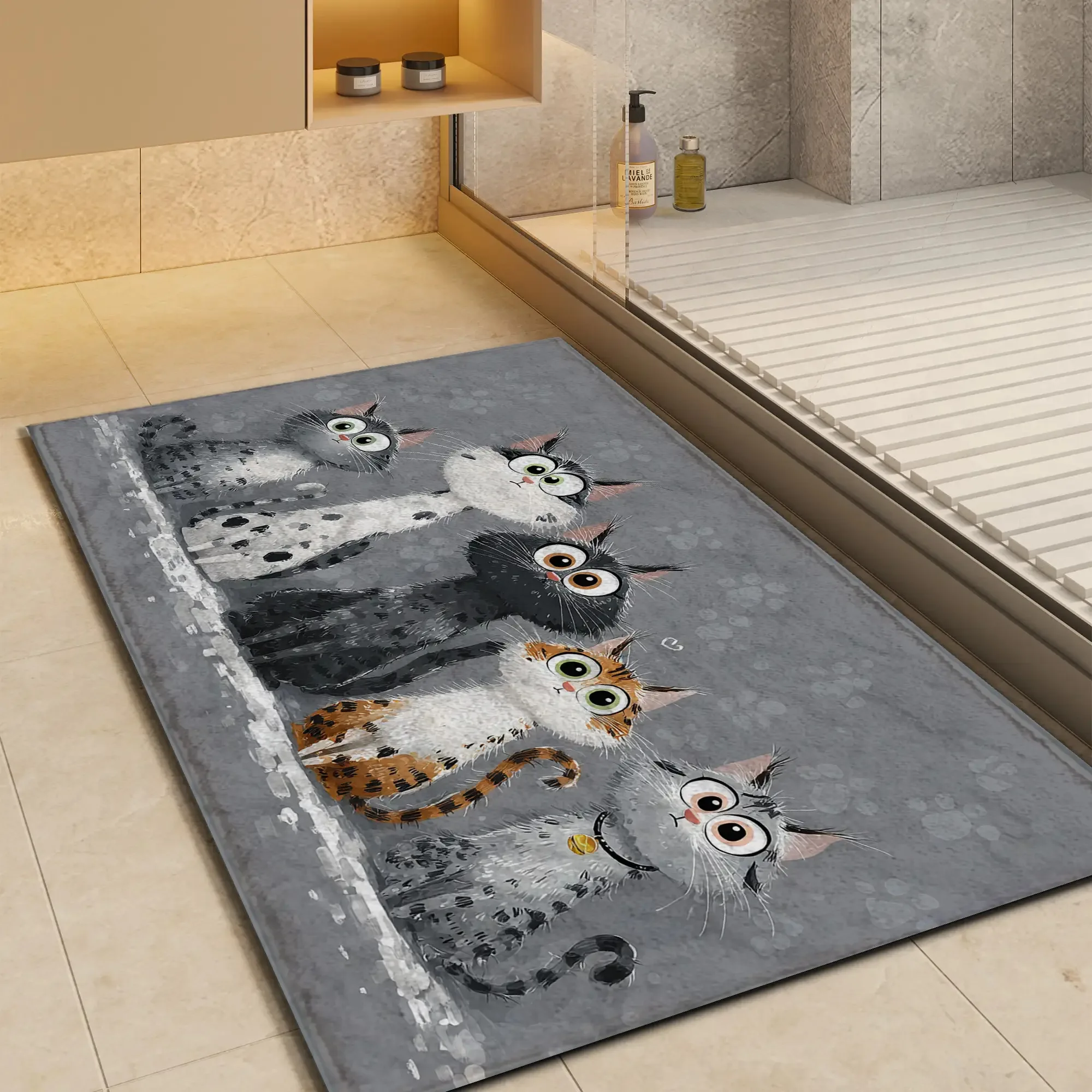 VIKAMA Cute Cartoon Cats Doormat,Non‑Slip Mat,Five Lovely Kittens Print Carpet for Front Door Entryway Indoor Home Decor Mat