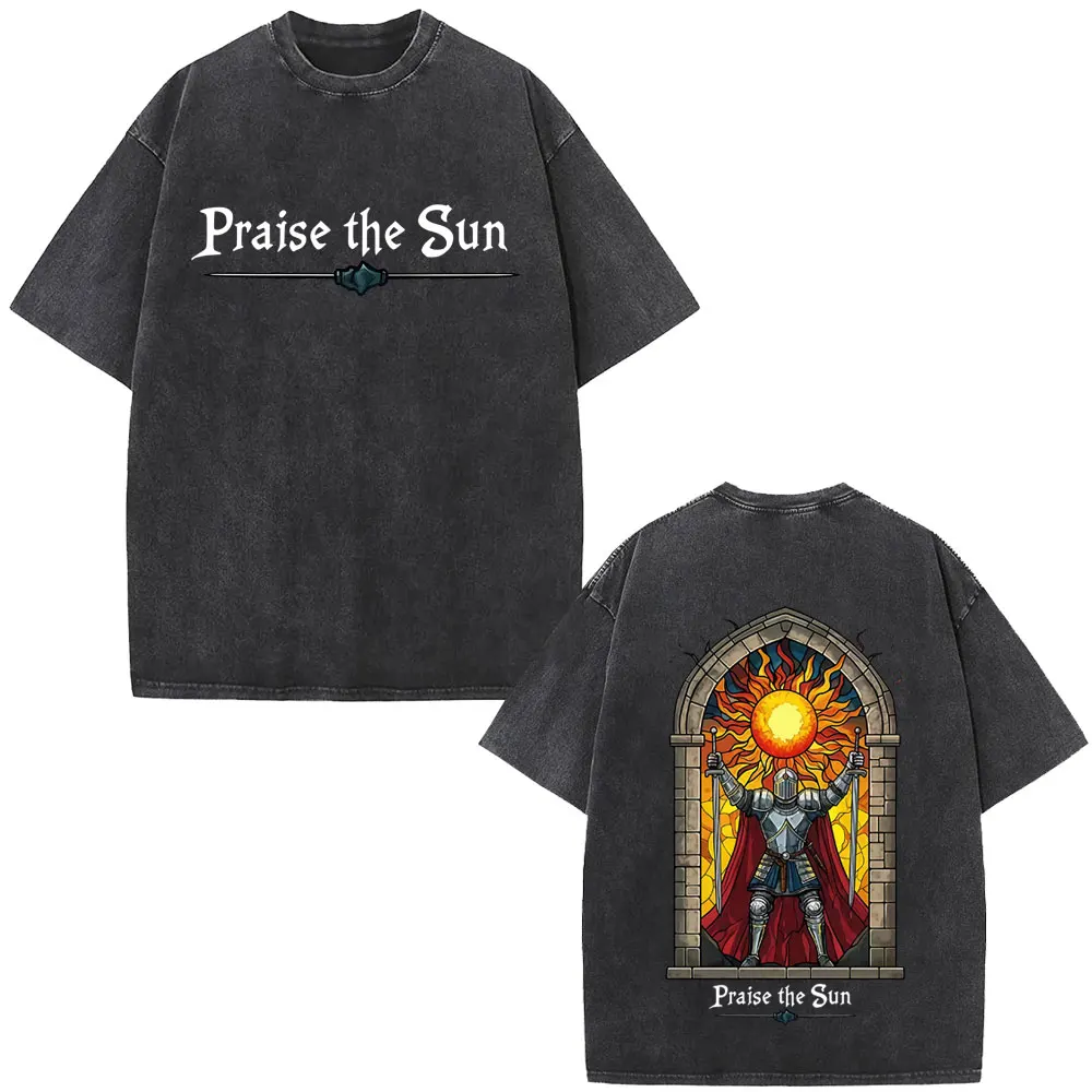 

Washed Vintage Game Dark Souls Praise The Sun Graphic T-shirt Men Women Retro Gothic Rock T-shirts Men's Casual Cotton T Shirts
