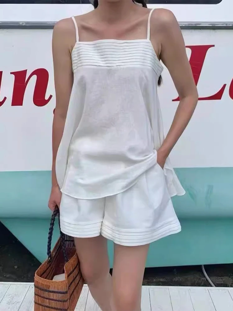 

Loose Women's Vest Strap High Waist Wide Leg orts Two-Piece Set Summer New Sle Retro Accordion Pleat Faion Ensemble