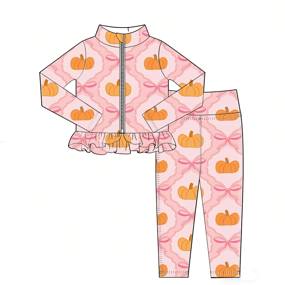 Thanksgiving Day Hot-Selling Girls' Outfit Long-Sleeved and Long-Legged with Ruffled Zipper and Pumpkin Bow Custom Wholesale