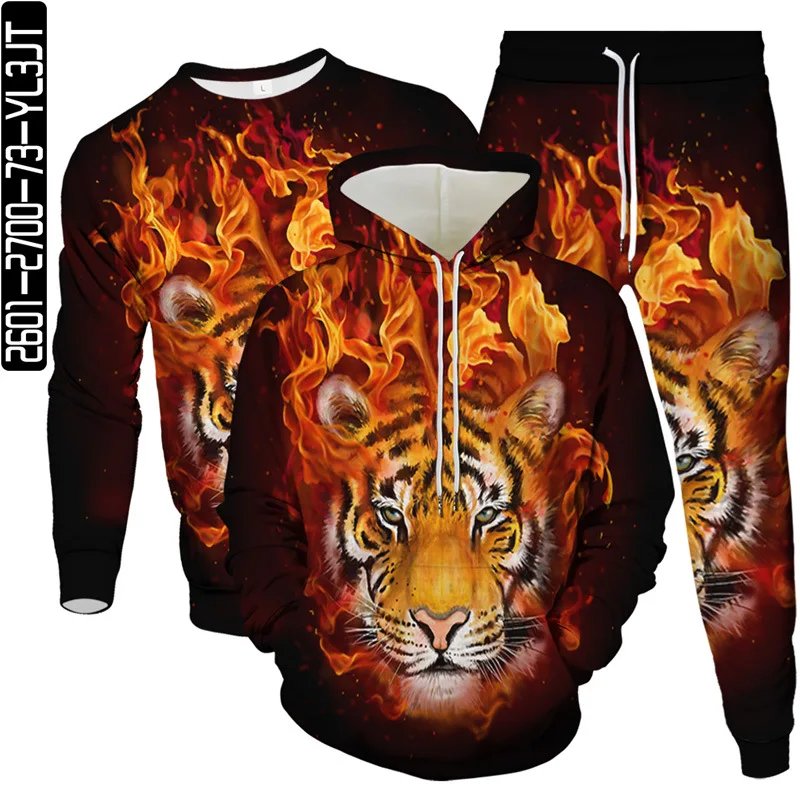 Men's Hoodies Sweatshirt Jogging Pants 3 Piece Set Male Casual Outdoor Clothing Suit Yin Yang Animal Tiger Print Tracksuit S-6XL