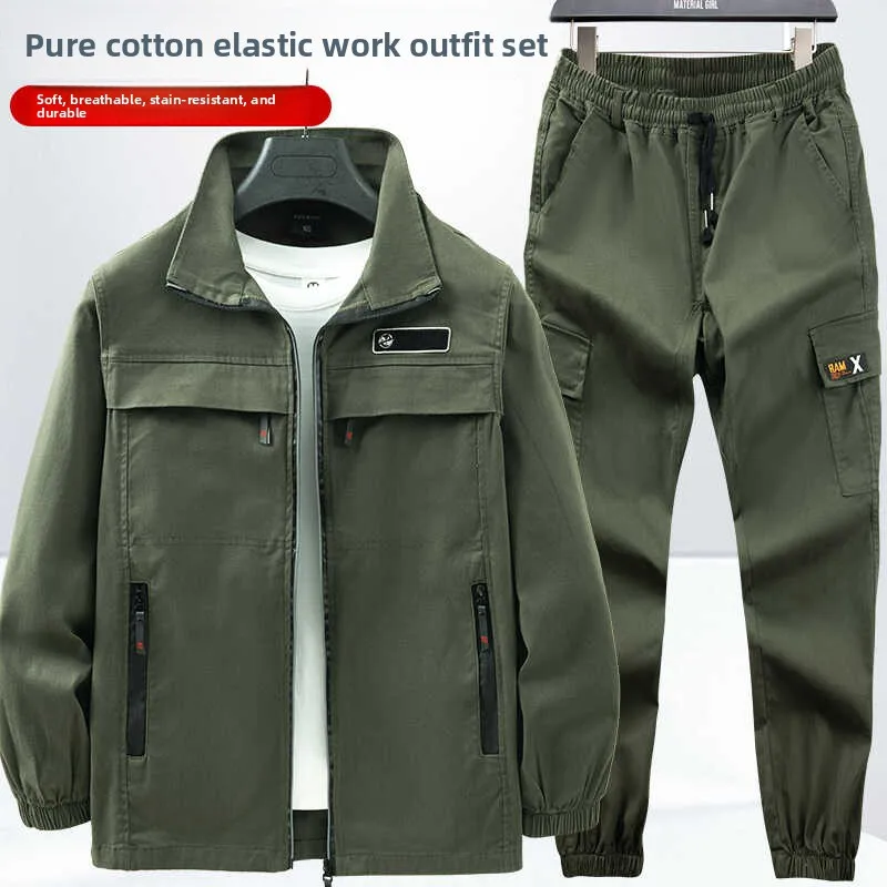 

Комплект рабочей одежды из чистого хлопка с эластаном для мужчин: весенне-осенний камуфляжный костюм, устойчивый к износу и воздействию тепла, для сварочных работ.