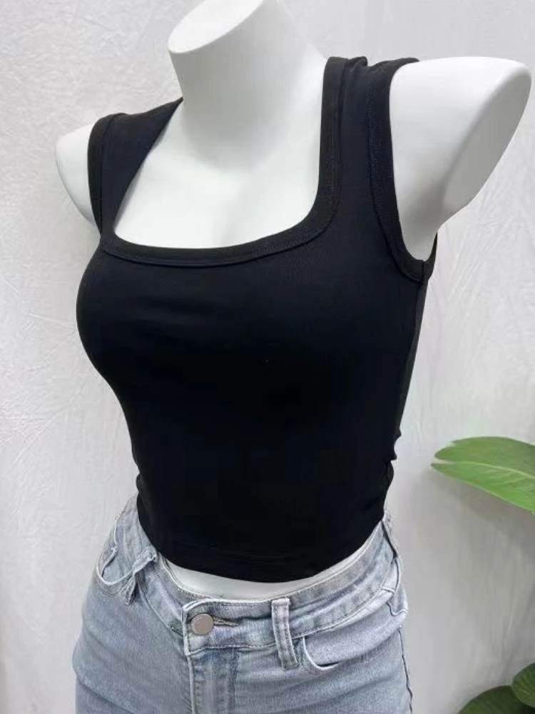 Crop Tops Tanks Women S-5XL Vintage Sexy Square Collar Streetwear Screw Thread Summer Minority Simple All-match Clothing Tender