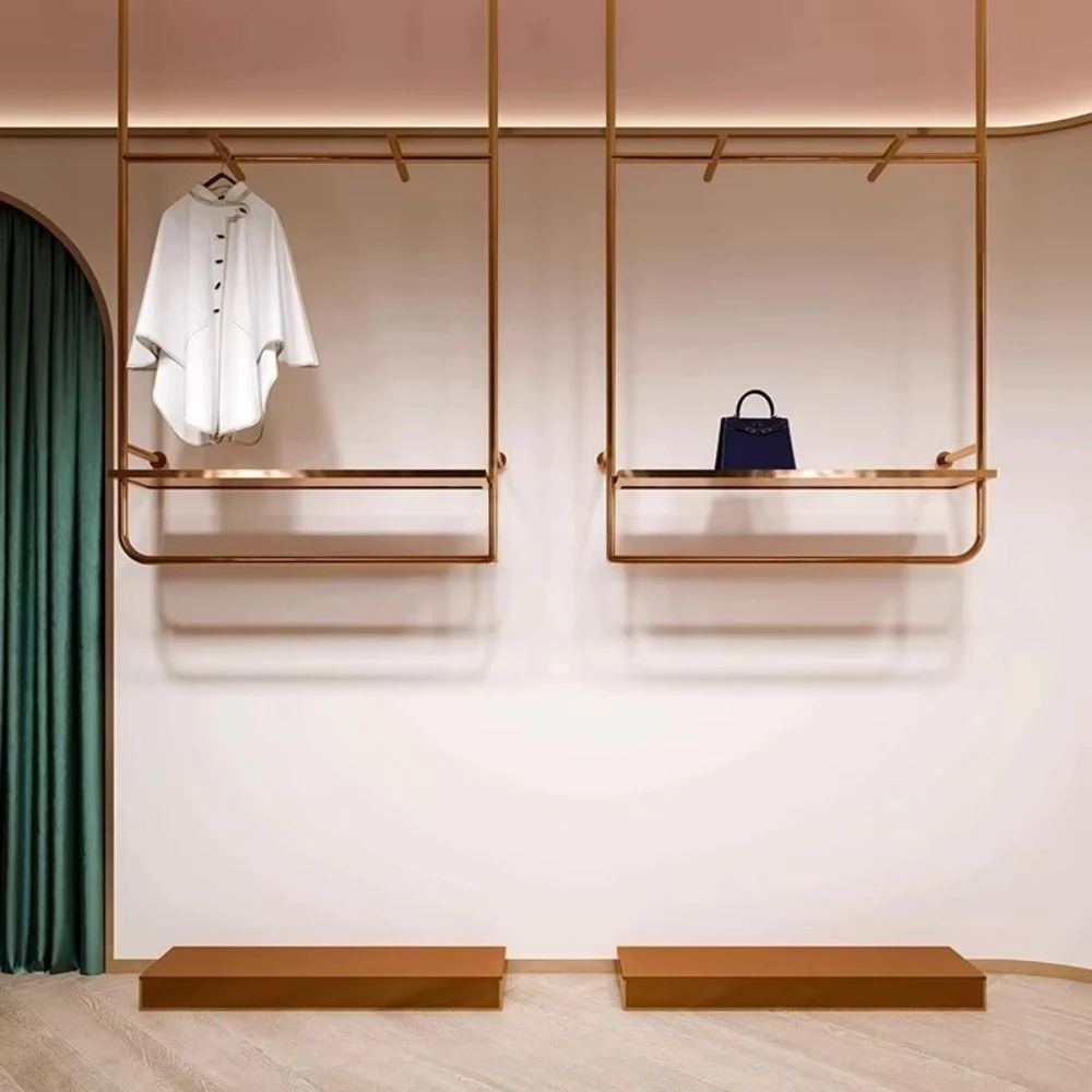 Customized rose gold cloth rack, clothing store wall mounted display rack, children's store window display rack
