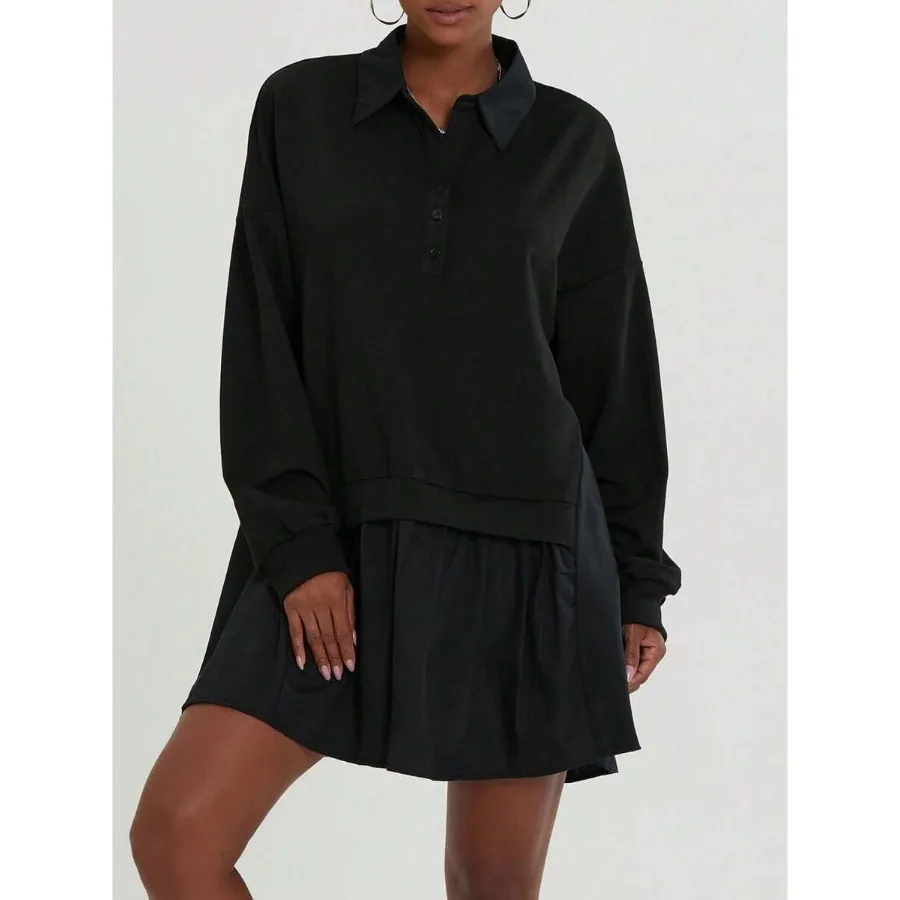 

【New style】Women's Fall Sweatshirt Dress Long Sleeve Lapel Collar Patchwork Loose Mini Dress Short Flowy Dress