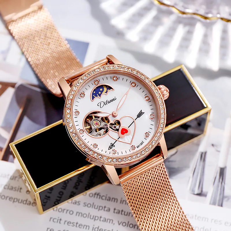 Relojes mecánicos automáticos con caja de oro rosa para mujer, relojes de pulsera con flechas de Cupido de diamante, reloj de cuero rosa para mujer,