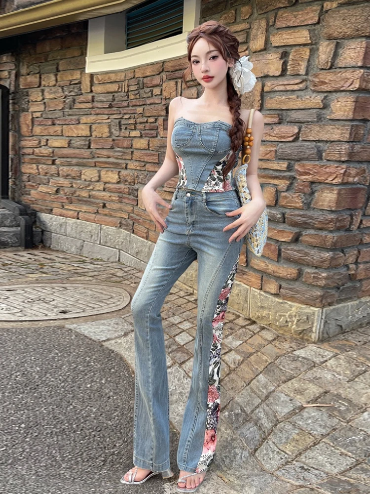 

Floral Print One-Shoulder Sleeveless Crop Top High Waist Denim Pants Sexy Casual Retro Women's Fashion Set Summer Collection