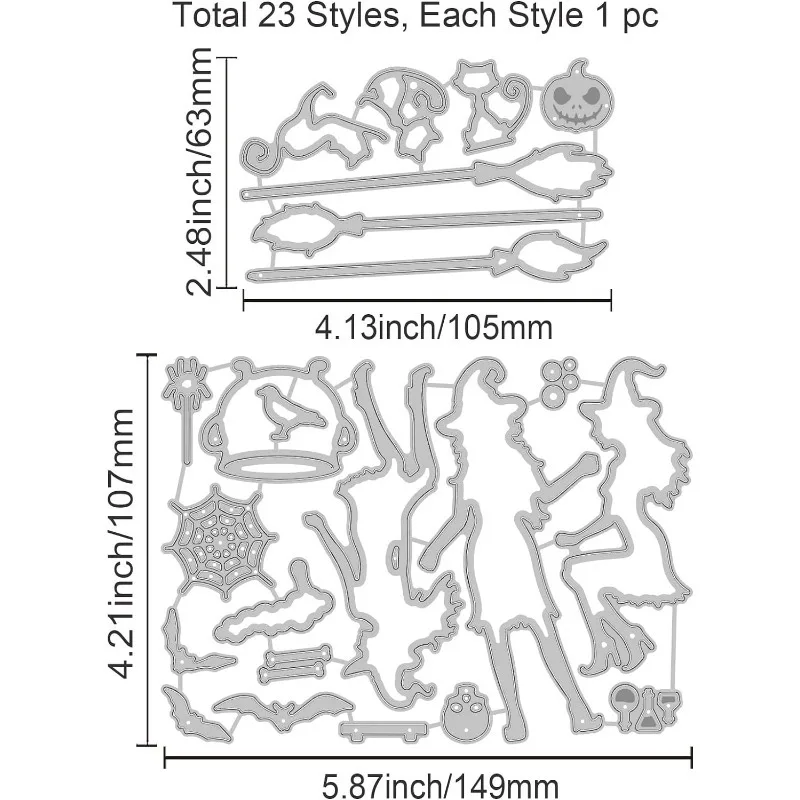 2 zestawy 23 style Halloween czarownica Cat do wycinania scrapbookingu metalowa dyniowy pająk Web wycinka Halloween nietoperz tłoczenie