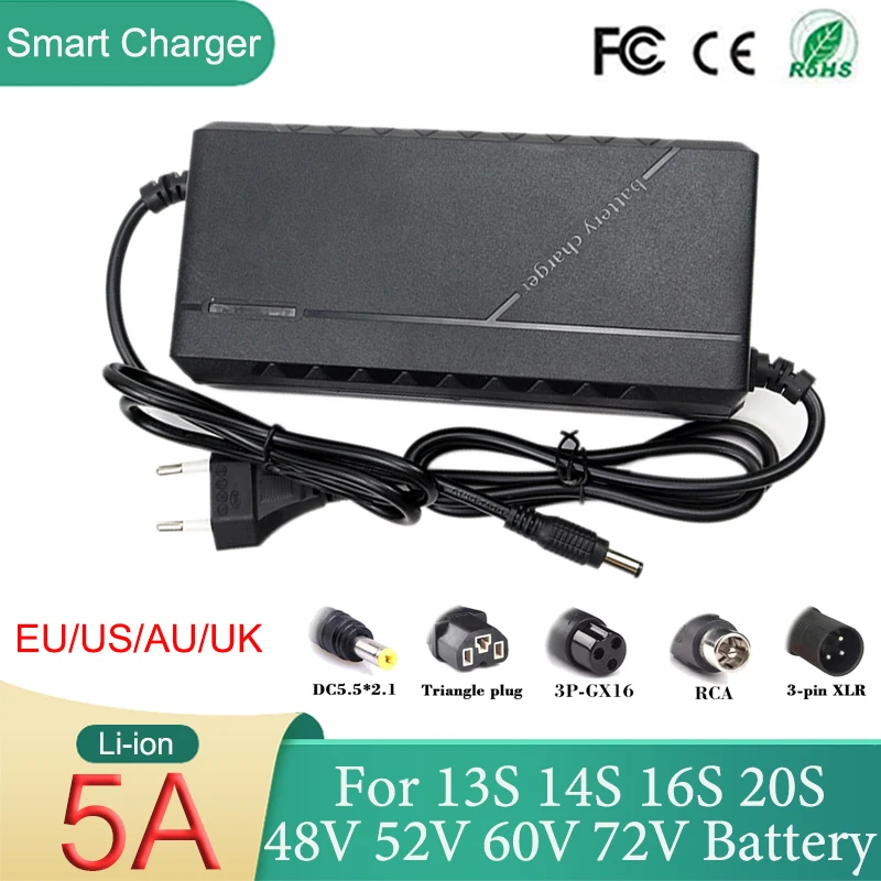 48V 52V 60V 72V 5A Lithium Battery Charger 54.6V 58.8V 67.2V 84V AC110-240V for 13S14S 16S 20S Li-ion battery Pack Fast Charging