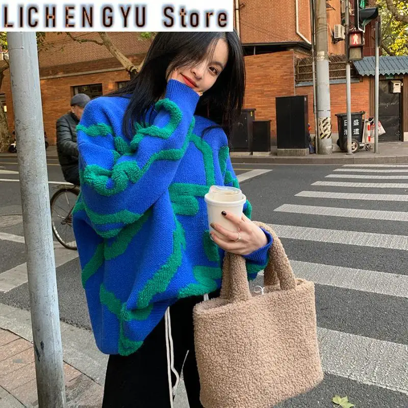 New Sweater Woman Winter Kawaii Dinosaur Korean Style Cartoon Pullovers Long Sleeve Tops Blue Black Jerseys Outfits Streetwear