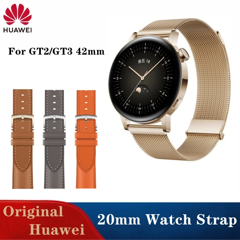 Original 20mm GT3pro 43mm Calf Leather Watch Strap for Huawei GT2 GT3 42mm Women  Rubber Silicon Sport WristBand Milanese Strap