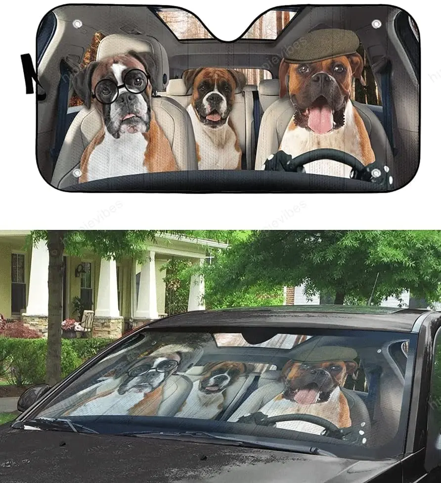 

Boxers Family Driving Car Auto Windshield Sun Shade, Boxer Sunshade for Dog Lovers Puppy Lovers, Uv Protector Front Window Sun C