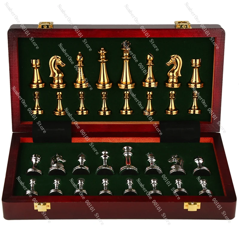 

Chess gift box set, wooden folding chessboard, metal chess pieces.