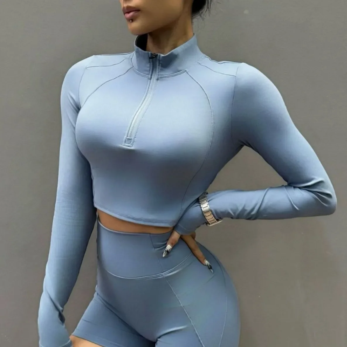 

Спортивный фитнес, бег, йога, женские осенние рукава с длинными рукавами и молнией спереди, верхние карманы, обнаженные, Quick D, дышащие