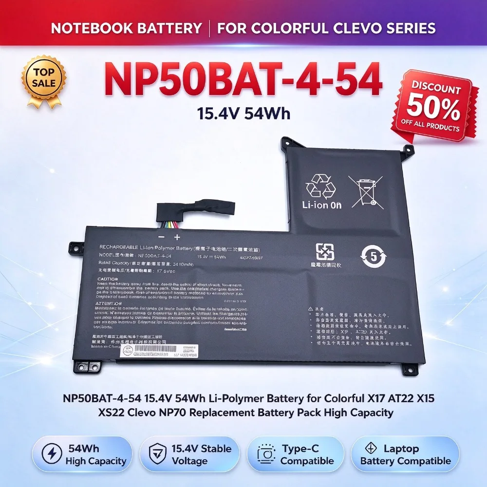 NP50BAT-4-54 15.4V 54Wh Li-Polymer Battery for Colorful X17 AT22 X15 XS22 Clevo NP70 Replacement Battery Pack High Capacity