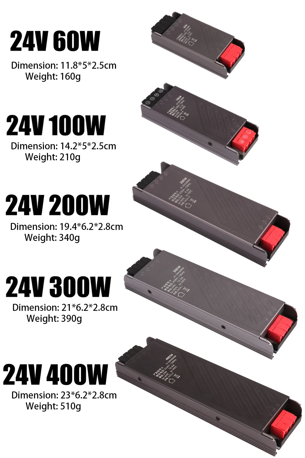 Compact Size Lighting Transformer Power Supply AC 100V-240V 110V 220V to DC 24V 12V For LED Strip Light Driver 100W 200W 300W