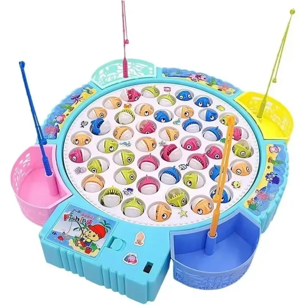 Kreatives Kunststoff-Angelspielzeug, blau, rosa, 15 Fische, 4 Ruten, Angelscheibe, magnetischer elektrischer Spin mit Musikspielzeug, Geschenk