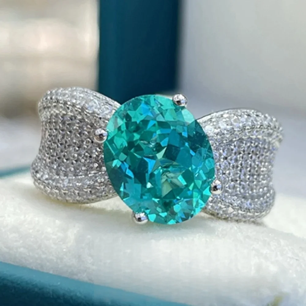 

8*10mm 3CT Oval Cut Paraiba Tourmaline Ring 925 Sterling Silver High Carbon Diamond Inlaid Luxury Gemstone Wedding Engagement Fi