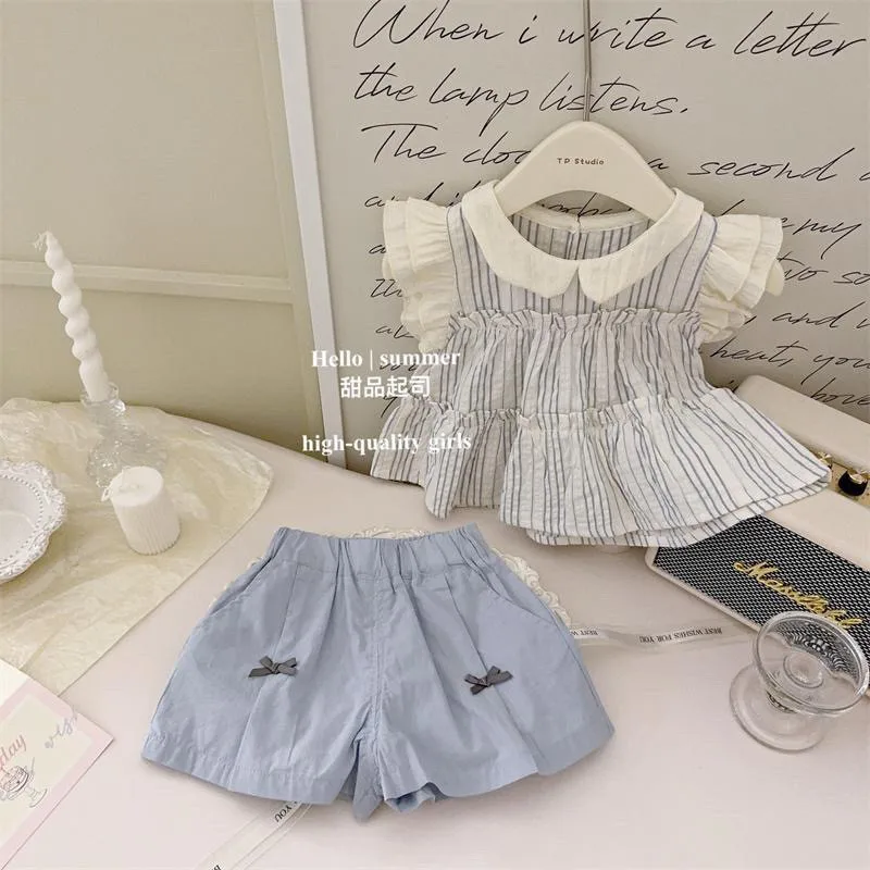 Girls' summer outfit set 2025 new children's doll collar short sleeved shirt+shorts two-piece set
