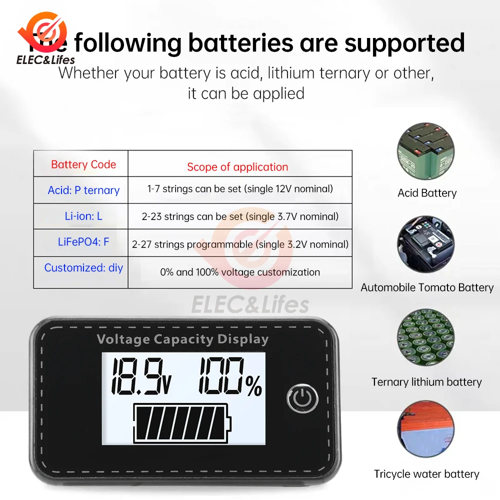 Wskaźnik pojemności akumulatora LCD DC 5V do 100V kwasowo-ołowiowy LiFePO4 woltomierz samochodowy motocyklowy wskaźnik napięcia 12V 24V 48V 60V