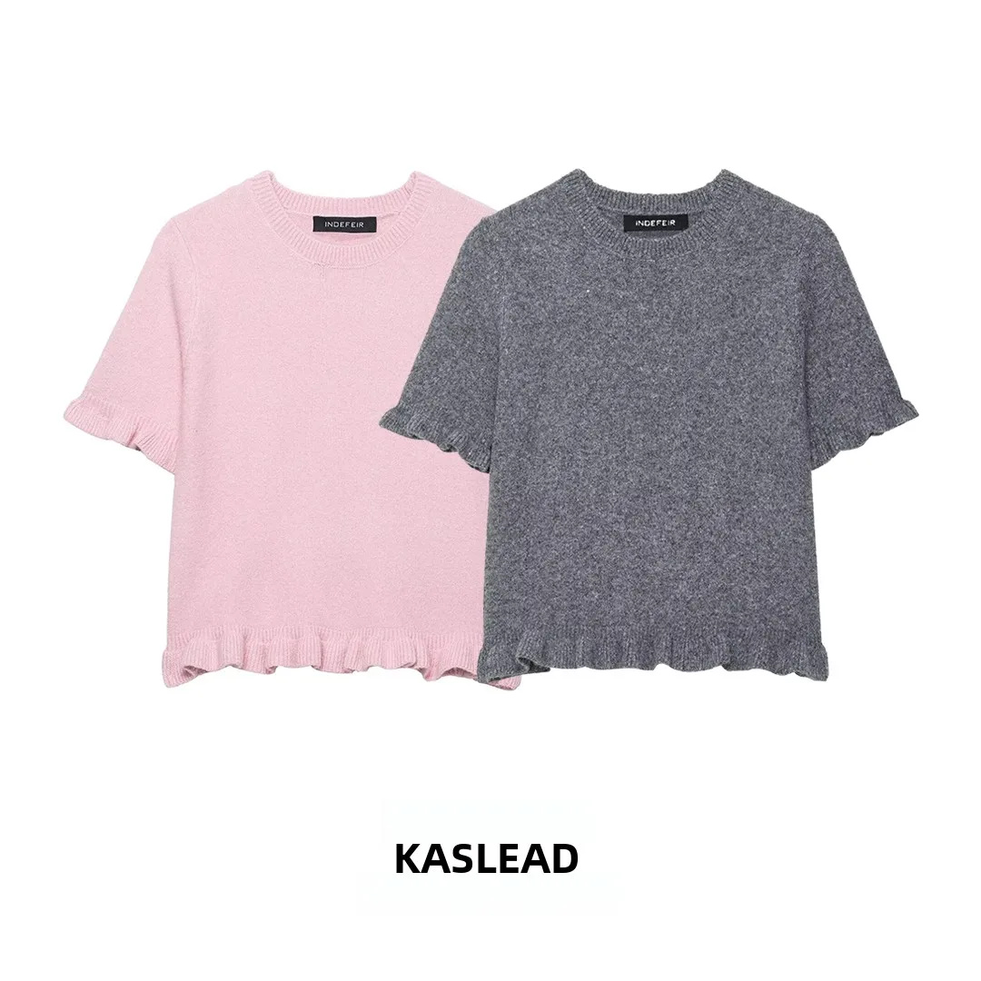 

Faionable ort Sve Knitted Sweater Multi-Layer Decoration Women's Slim Fit Sle Polyester Fiber round Ne ort Length