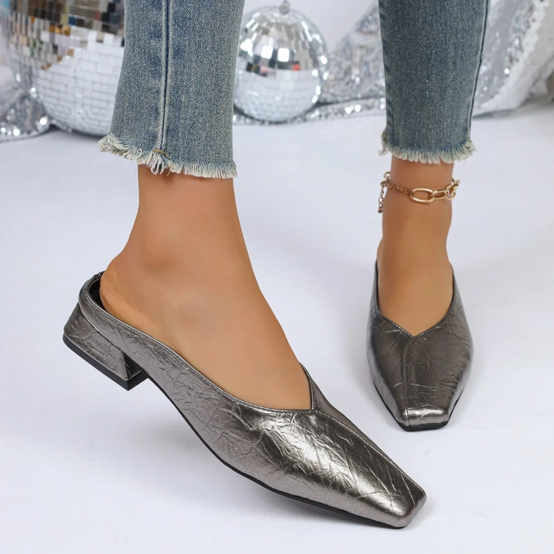 Square Toe Women Slippers Mid Heels Shoes Chunky Heeled Shoes 2026 Summer Sandals Designer Fashion Dress Slides Sandalias Mujer