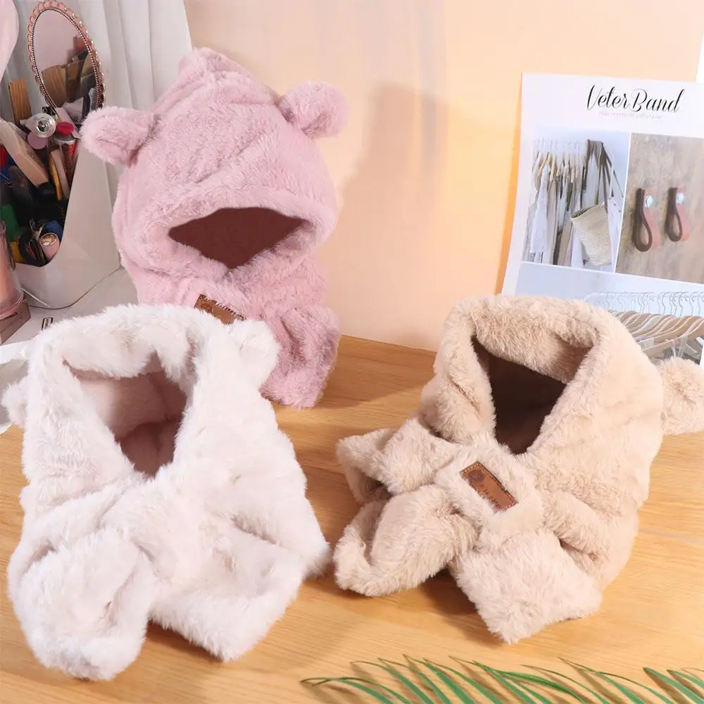 

Lovely Winter Baby Bear Hat Faux Fur Windproof One-Piece Hat Scarf Soft Warm Outdoor Ear Protection Hats