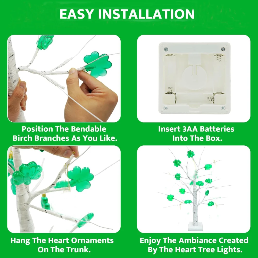 St Patricks Day Ornaments For Tree With Base Adjustable Branches 12 Clover Lights And 24 Green LEDs St Patricks Day Decorations