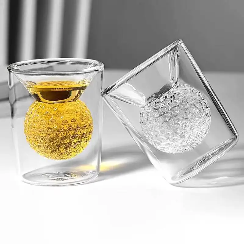 Gobelets de balle de Golf de 50ml, 2 pièces, verre à Double paroi amusant, verres pour spiritueux, pour whisky, thé, expresso, café, tasses à thé