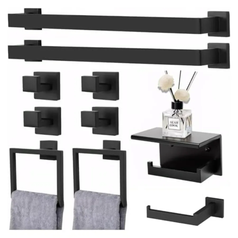

Bathroom wall-mounted towel racks set: matte black stainless steel, 23.6-inch bar, 10-piece hardware accessories for bathroom a