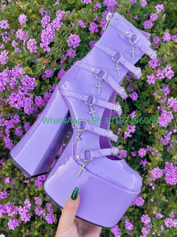 

Lady cute purple calf boots sexy hollow Mary Jane shoes cross mental design platform boots chunky heels multi trap footwear 46