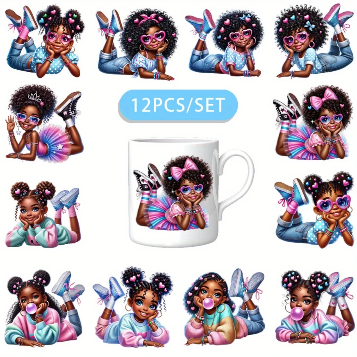 12 Stück/Set Afroamerikanisches Mädchen, das Seifenblasen macht und Fotos macht, DIY hellbeige Tumbler-Wickel-Dekorations-Transferpapier