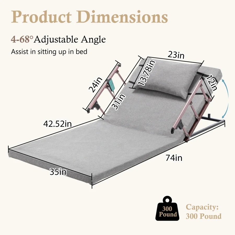 Electric Adjustable Bed Backrest, 300 lbs Weight Capacity, 4-68° Upgraded Lifting System with Collapsible Safety Rails, Remote