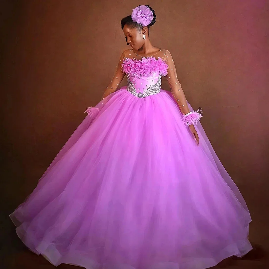 

Customized Pink Flower Girl Dress For Wedding Glitter Long Sleeve Tulle Floor Length Kids Birthday Party First Communion Gown