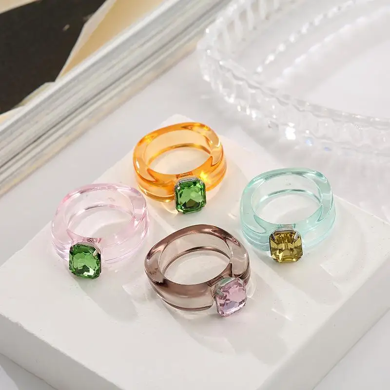 Square Rhinestone Inlaid Candy Colored Resin Chunky Rings Transparent Aesthetic Jewelry for Women Music Festival Accessory