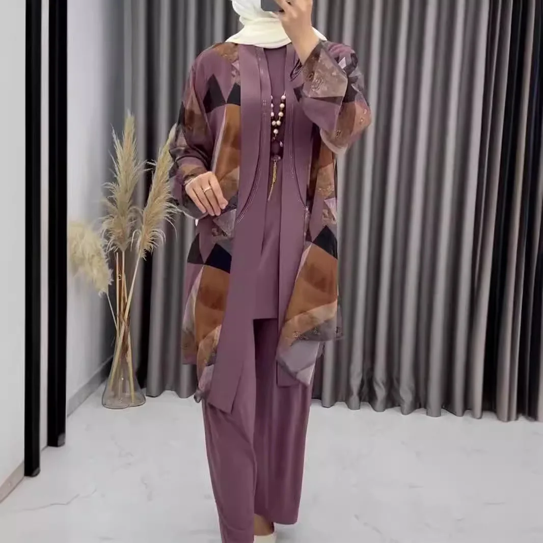 

Ид женский комплект из 3 предметов с брюками, вечерние мусульманские комплекты, кафтан, халат Джалабия, Рамадан, Марокко, Дубай, 2026 мусульманских ансамблей