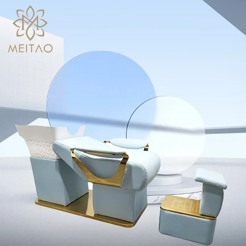 Elegant Light Blue Salon Shampoo Chair With Golden Frame Luxury Reclining Hair Washing Unit