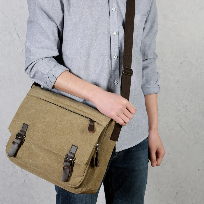 Scione Men Canvas Messager Bags Casual Crossbody Multifunction Handbags Solid Zipper Shouder Single Strap Travel Flap Men\'s Bag