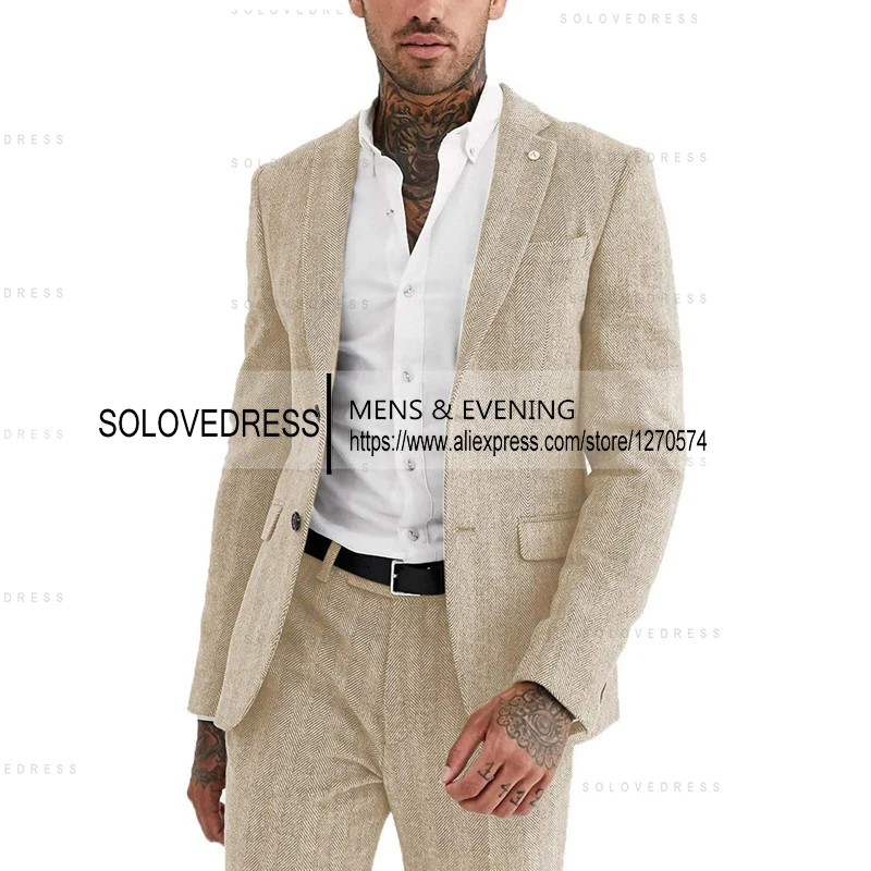 2 Pieces Men\'s Suits Herringbone Slim Fit  Single Breasted Suit Formal Suits Groomsmen Wedding Tailored Fit (Blazer+Pants)