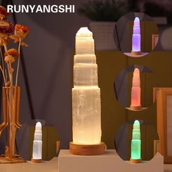 Natural White Selenite Tower Lamp Healing Mineral Specimen Collection Gypsum Ice Berg Carved Crafts Lamp Crystal Decoration Gift