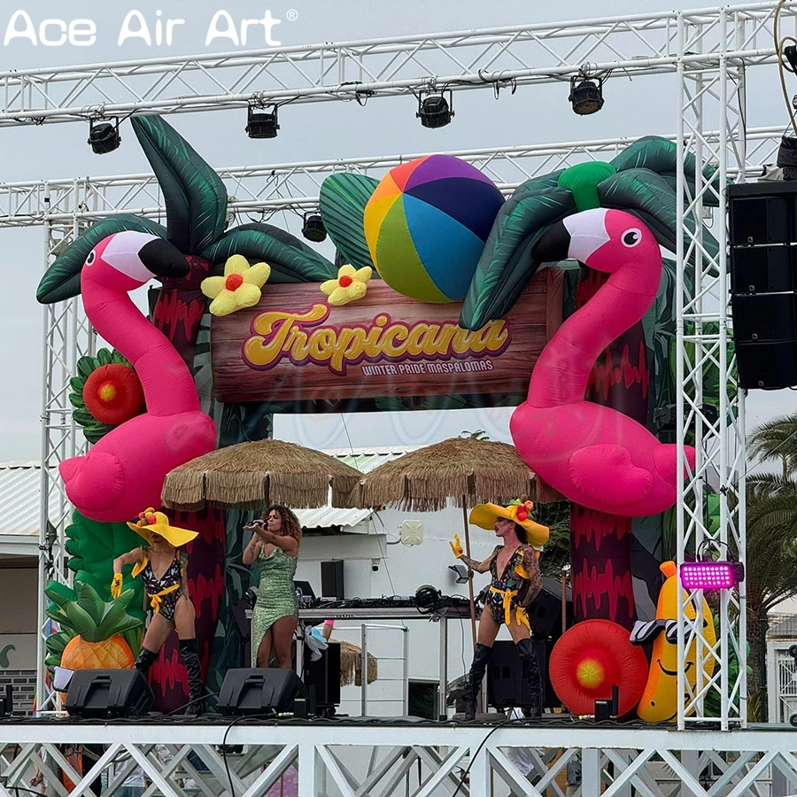 

Популярный уличный декор для вечеринки, входная надувная арка с фламинго с пляжными шарами и тропическими фруктами, фон для музыкального фестиваля