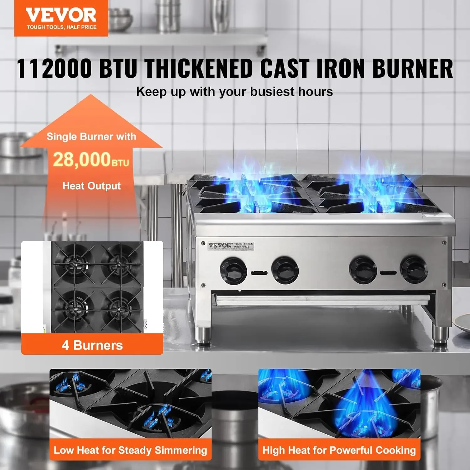 Commercial Gas Stove with 4 Burners, Propane and Natural Gas Countertop Cooking Stove Range, Stainless Steel Gas Hot Plate