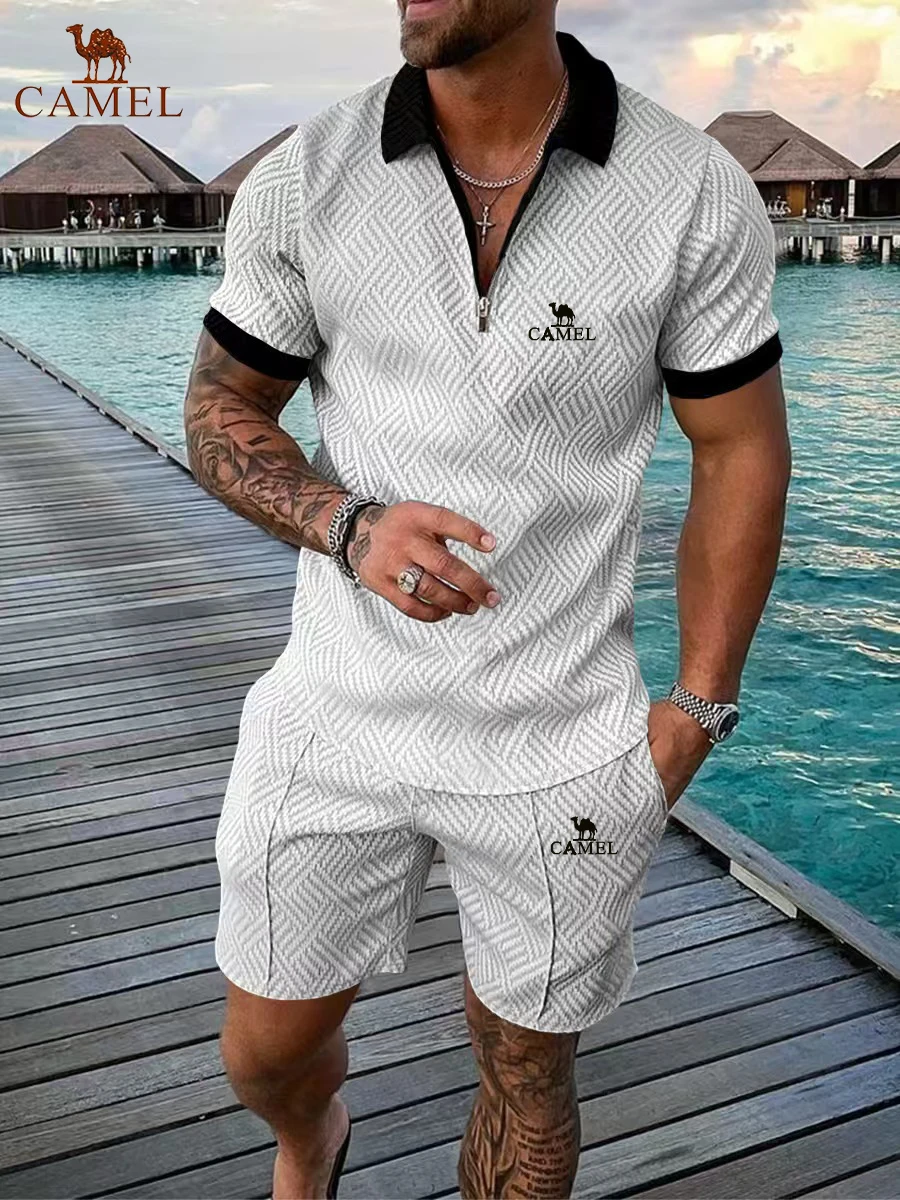 Summer men's embroidered high-quality zipper short sleeved shorts set, new fashionable and casual multifunctional beach set